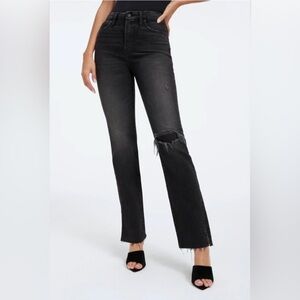 Good American Good Boy Black Ripped High Waist Split Hem Jeans